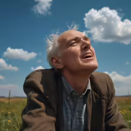 the man is smiling at the sky on the sunny day