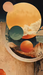 a painting that shows three colored circles,the sky and clouds have different shapes