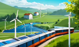 a painting of a train and wind generators,a painting of a train going through wind generators