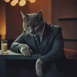 the cat in a suit is leaning against the table