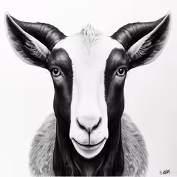 the goat has horns and is white and has black markings