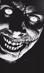 an adult wearing a creepy face, with two eyes and one eye open