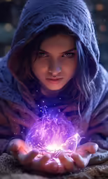 a beautiful young woman with a blue coat is holding a crystal ball