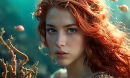 a girl with long red hair and blue eyes looks into the camera