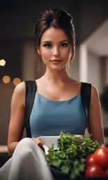 a woman with a plate of food is posing for the camera