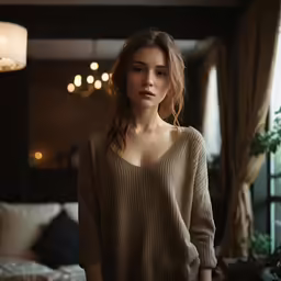 woman in brown sweater posing for photo near window