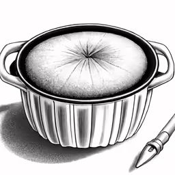black and white drawing of a round dish containing some type of food