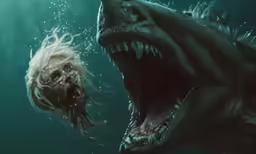 a monster attacking a sea creature, with water coming out of its mouth