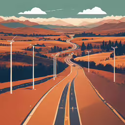 an illustration of a rural highway with wind turbines,there is a long road that runs between many wind mills