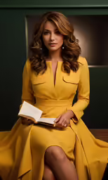 a woman sitting down and holding an open book