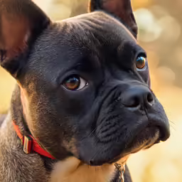a dog wearing a red collar looks ahead