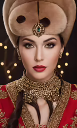 a beautiful young woman with a gold hat and fur on