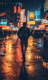 a man walking down a rain soaked street