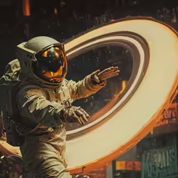 an astronaut points at something on his hand