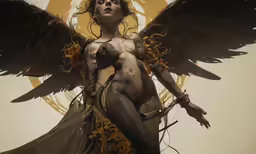 the naked woman with big wings stands in front of a clock