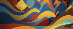 a painting of abstract shapes made from blue and orange colors,colorful, wavy painting with a person walking through the picture