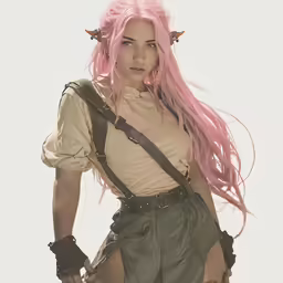 the woman is dressed up and has pink hair