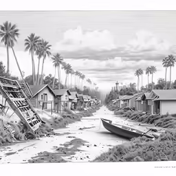 there is a boat in the water by houses