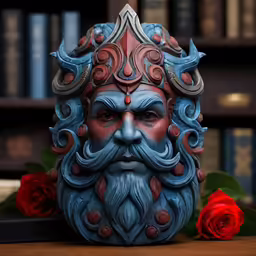 this statue has a big beard and blue paint on it