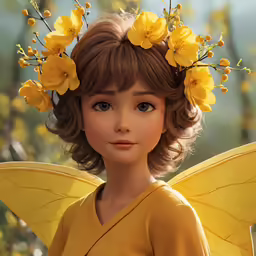 a girl with blonde hair and yellow flowers in her hair