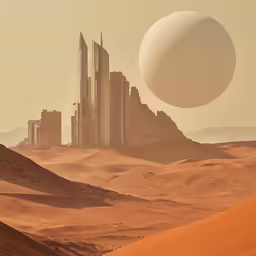 a desert with an moon and tall buildings