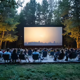 a movie screen and people sitting on lawn chairs