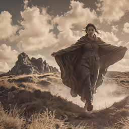 a person on a field with a huge cloak