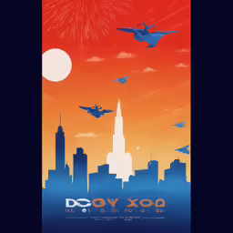 a blue and orange print with jets in the sky