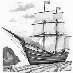 an old ship floating on the water next to a rocky cliff