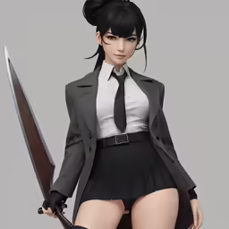 a woman in a suit and tie with a knife
