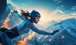 an artist rendering of a woman in a futuristic costume diving off a cliff