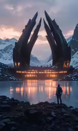 a person standing in front of an artistic sculpture at dusk