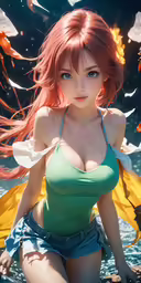 an attractive anime woman standing in the water