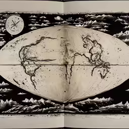 a black and white photo with an old drawing on the front of a book