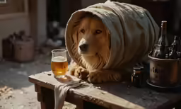 a dog wearing a blanket next to a glass of beer