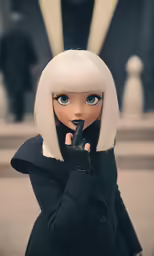 a girl in a black dress holds a finger to her nose