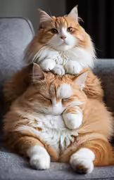 two orange and white cats laying together on top of a chair