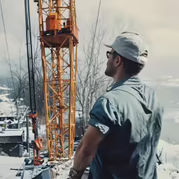 a man standing next to a construction crane with a man wearing glasses