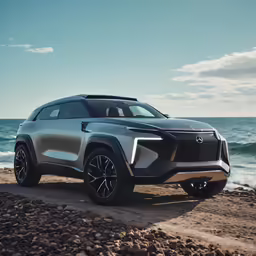 a gray and black colored car is parked on the side of a rocky beach