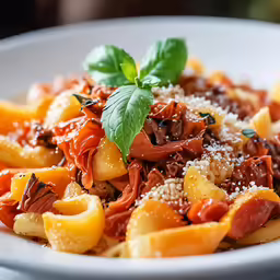 the dish of pasta is topped with a sprig of basil