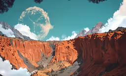 the landscape is very red and brown with a heart shaped cloud in it