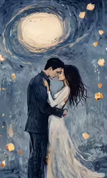 the illustration shows a couple in love as they look at each other with the moon behind them