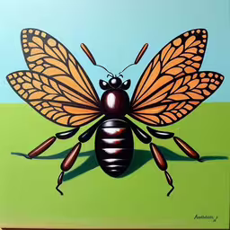 an orange and black bug on green grass,a painting of a colorful bug with wings