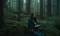 a woman kneeling on a rock in a green forest