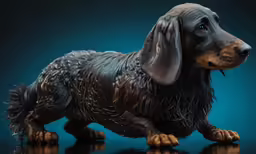 black dog with wet fur sitting on the floor