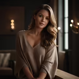 a woman wearing a tan sweater sitting down