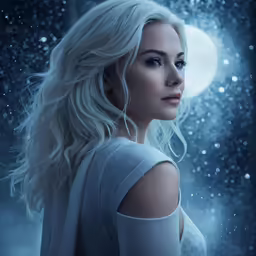a woman wearing white stands in the snow under a full moon