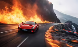 the red sports car driving past a large fire
