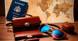 the bag is laying on a table next to the sunglasses and a passport,a leather bag and sunglasses on top of a wooden table
