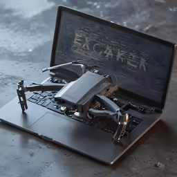 a laptop open with a model flying on top of it